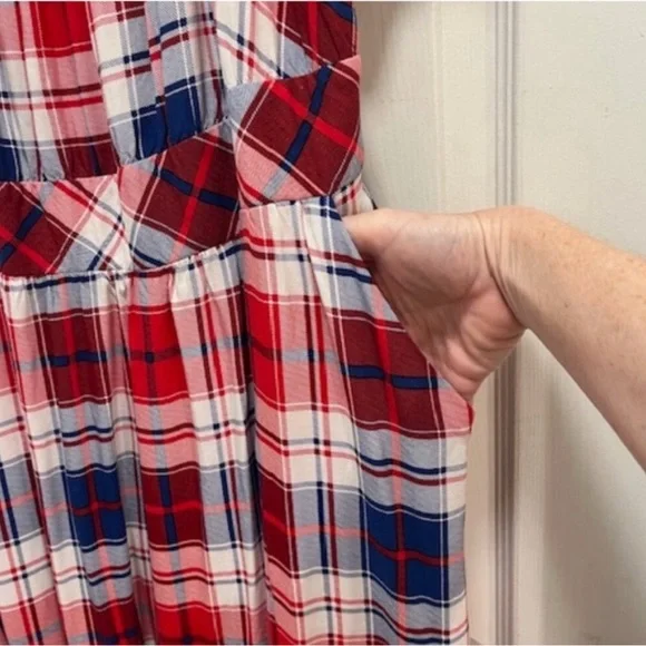 Torrid Puff Sleeve Tiered Midi Dress - Challis Plaid Red & Blue Sz14-16 (1X) EUC - Picture 6 of 14